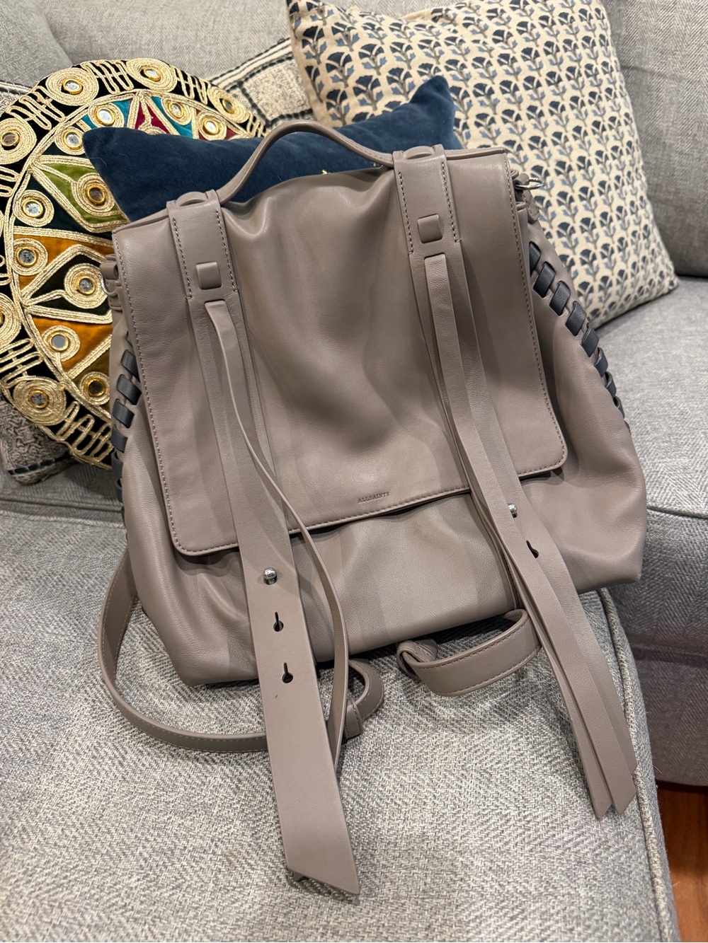 All Saints Taupe Gray Leather Convertible Backpack Tote